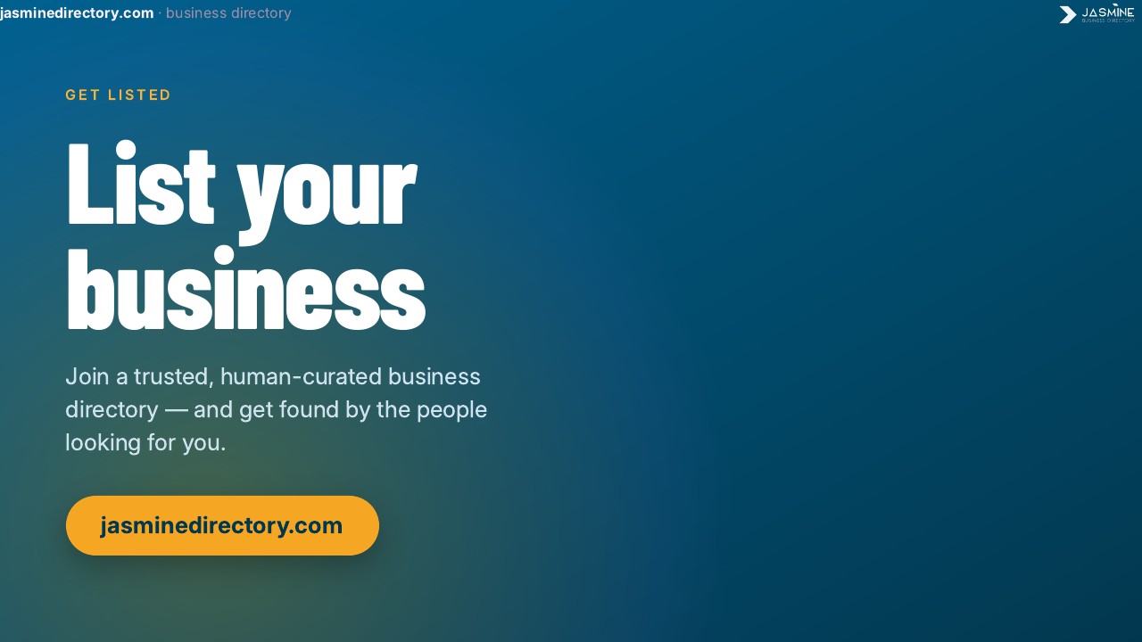 A digital advertisement screen with blue-teal gradient background and white text promoting Jasmine Directory, illustrating the business listing submission interface for the directory platform.