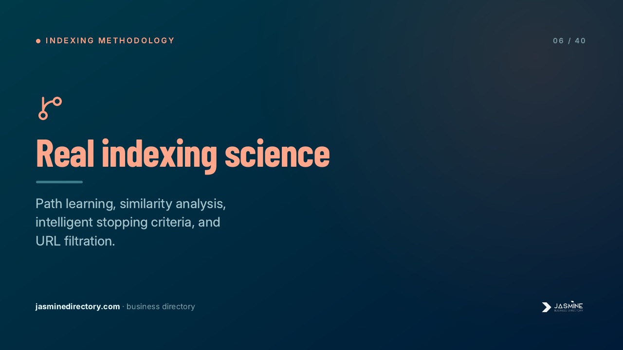 A presentation slide with coral-colored heading 'Real indexing science' on a dark gradient background, illustrating the technical methodology behind Jasmine Directory's business search platform.