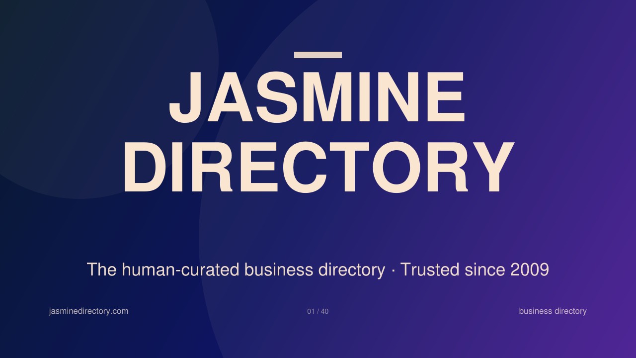 Title slide showing 'Jasmine Directory' in cream text on a navy-to-purple gradient background, representing the curated web directory platform discussed in the article.