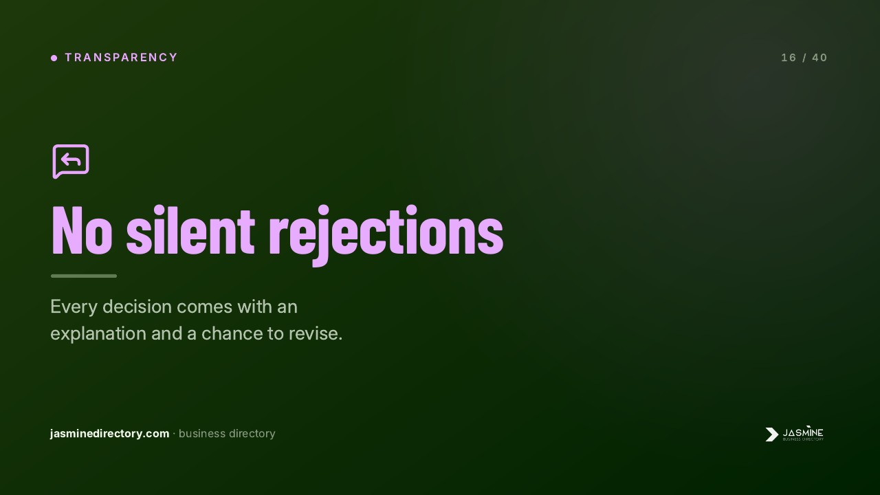 A Jasmine Directory presentation slide with pink 'No silent rejections' heading on dark green background, illustrating transparency principles that help new e-commerce stores build credibility.