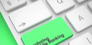 White computer keyboard with bright green key labeled 'Analyzing Website Ranking' in close-up, representing search engine optimization and digital marketing analytics for AI-driven search visibility.