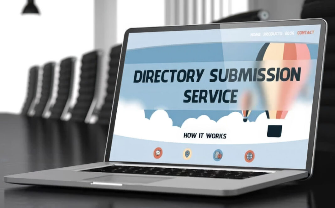 Digital tools help local businesses submit listings to online directories for improved visibility Laptop on desk displays directory submission service website with hot air balloon graphics, illustrating digital tools for local business listings and online visibility.