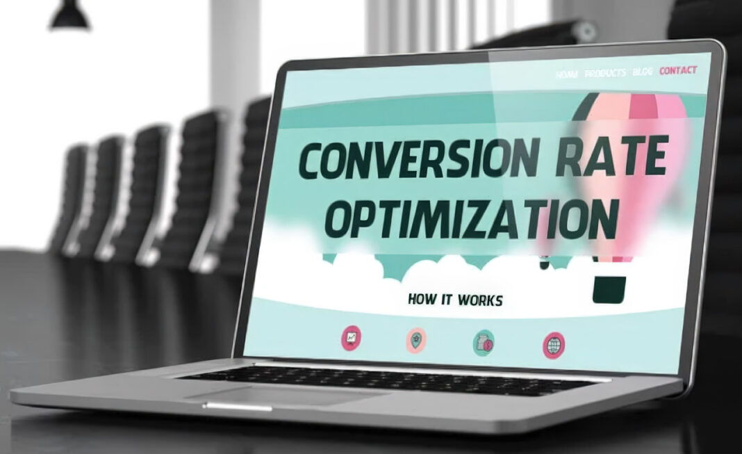 Laptop screen showing web optimization content illustrates AMP evolution discussion Laptop computer displaying a conversion rate optimization webpage on its screen, illustrating concepts of web performance and mobile-first development strategies.