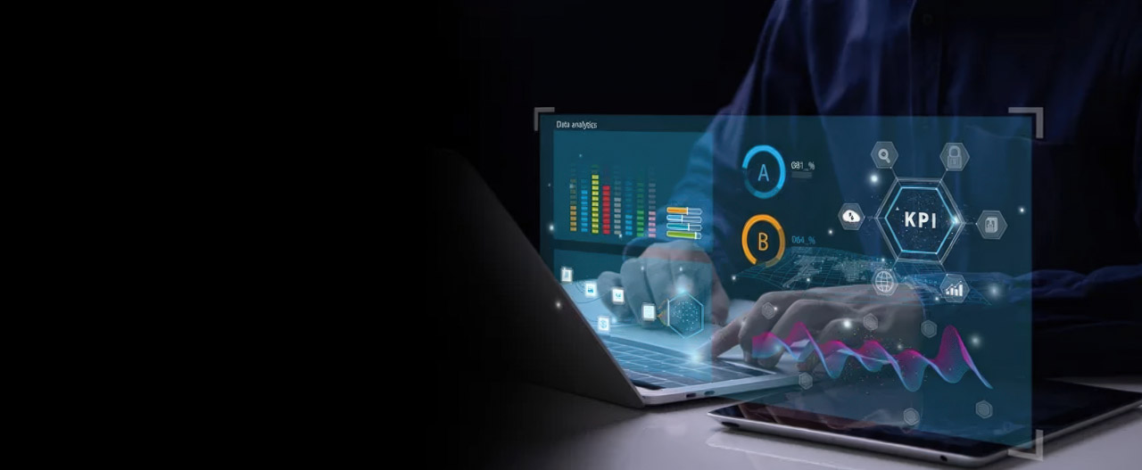Hands typing on laptop with holographic data visualization overlay including charts and KPI metrics, representing search performance and review rating analytics.