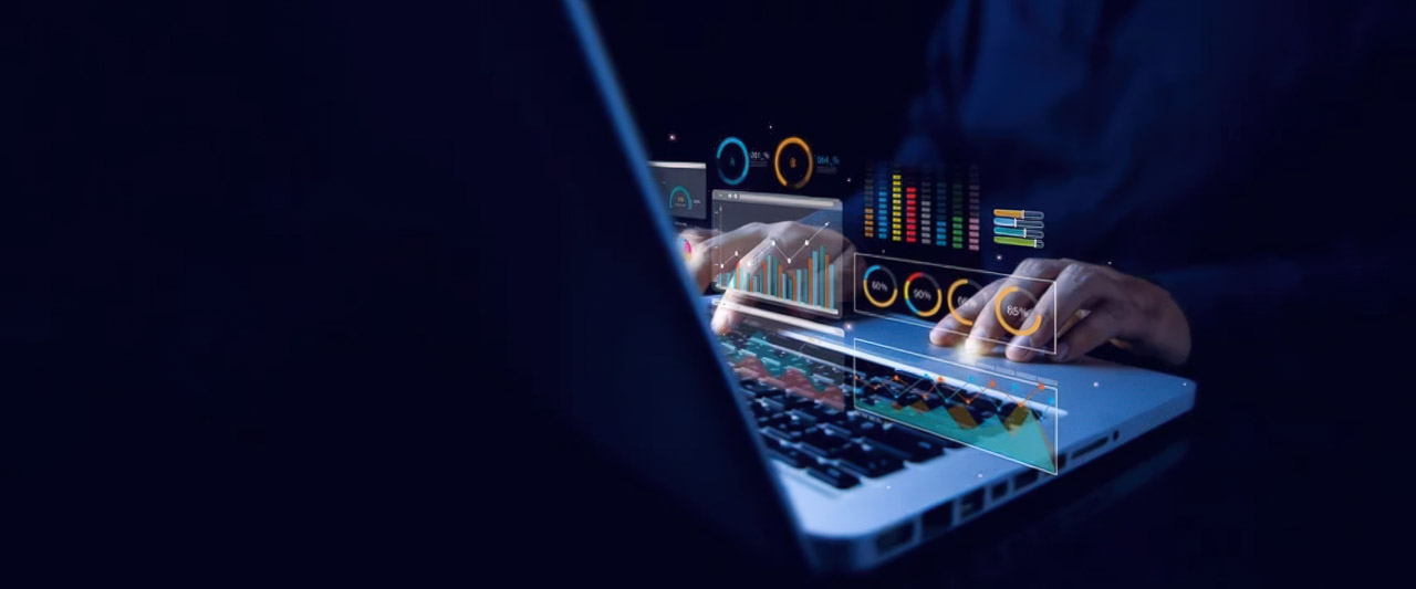 Laptop with holographic data visualizations floating above the screen showing charts and metrics, representing the analytical approach to optimizing search result star ratings.