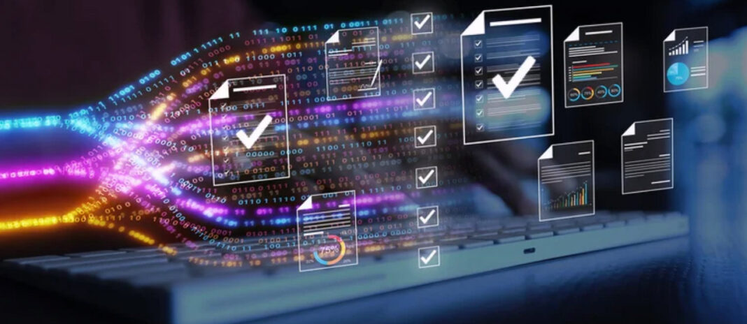 Digital overlay on laptop keyboard illustrates algorithmic writing optimization and machine-readable content creation Hands typing on laptop keyboard with colorful digital overlay showing binary code, checkmarks, and data charts, representing algorithmic optimization in modern content writing.