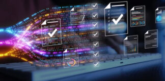 How to Write Ad Copy for Machine Readers Hands typing on laptop keyboard with colorful digital overlay showing binary code, checkmarks, and data charts, representing algorithmic optimization in modern content writing.