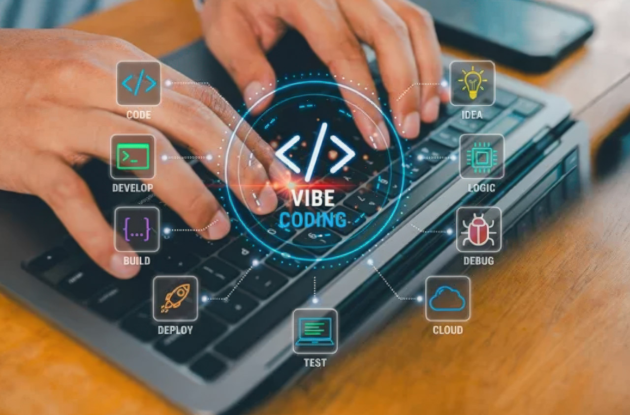 Hands typing on a laptop keyboard with circular digital graphics displaying vibe coding icons, representing modern approaches to collaborative software development.