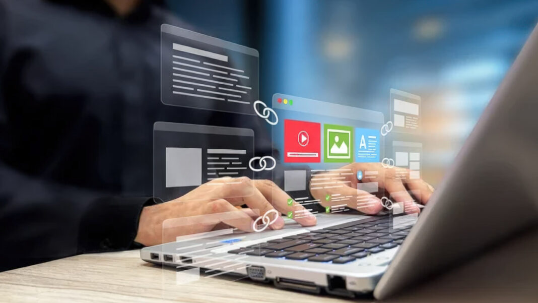 Digital workflow interface representing accessibility features on English-friendly Asian directory platforms Hands typing on laptop with floating digital file icons and interface elements above the screen, illustrating the user-friendly technology behind bilingual Asian business directory platforms.