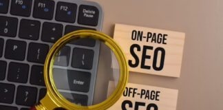 The Biggest Change to SEO is Here Magnifying glass and cards labeled on-page SEO and off-page SEO rest on keyboard, illustrating fundamental search engine optimization strategies amid industry changes.
