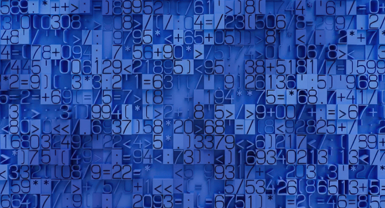 Blue mathematical symbols and numbers layered in various sizes create an abstract digital texture representing data analysis for AI search metrics evaluation.
