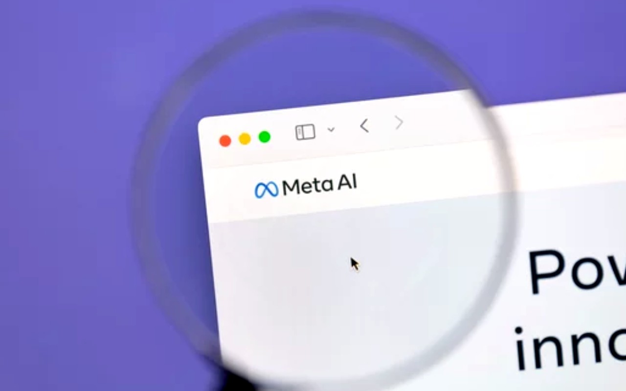 A magnifying glass focuses on a browser window displaying the Meta AI website, symbolizing the examination and optimization of images for multimodal AI search.