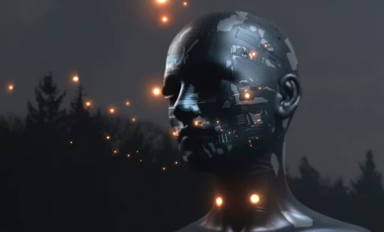Metallic humanoid head sculpture in profile with illuminated architectural cutaways revealing interior structures, representing autonomous AI intelligence in digital marketing campaigns.