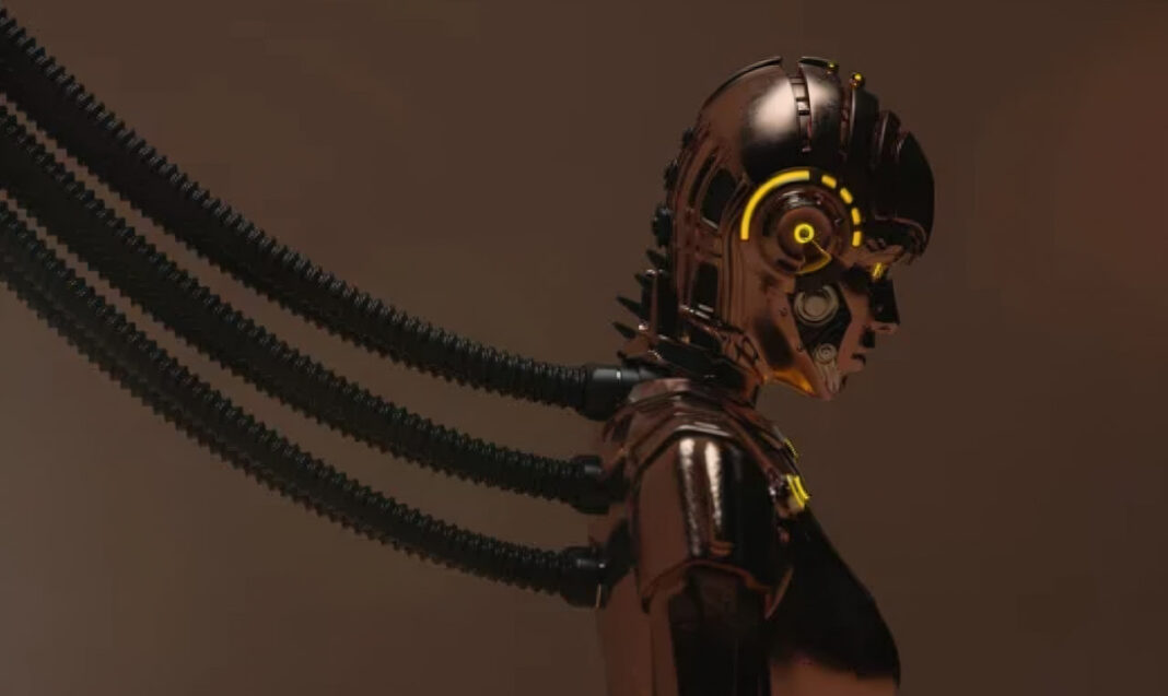 Robotic sculpture symbolizes AI scraper technology threatening directory data protection Metallic bronze robot sculpture with illuminated yellow LED eye and cables extending from head, representing AI scraping technology and automated data collection challenges.