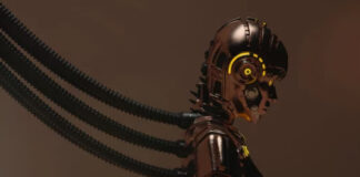 Metallic bronze robot sculpture with illuminated yellow LED eye and cables extending from head, representing AI scraping technology and automated data collection challenges.