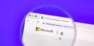 Will Google penalize AI content? Magnifying glass focuses on Microsoft AI webpage in browser window, symbolizing scrutiny of artificial intelligence content for search engine evaluation and digital credibility.