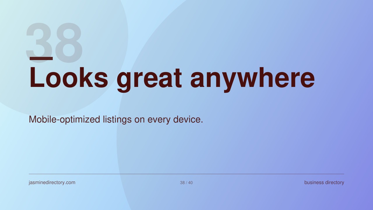 Presentation slide with gradient background showing heading 'Looks great anywhere' and text about mobile-optimized listings, illustrating responsive design concepts for business directories.