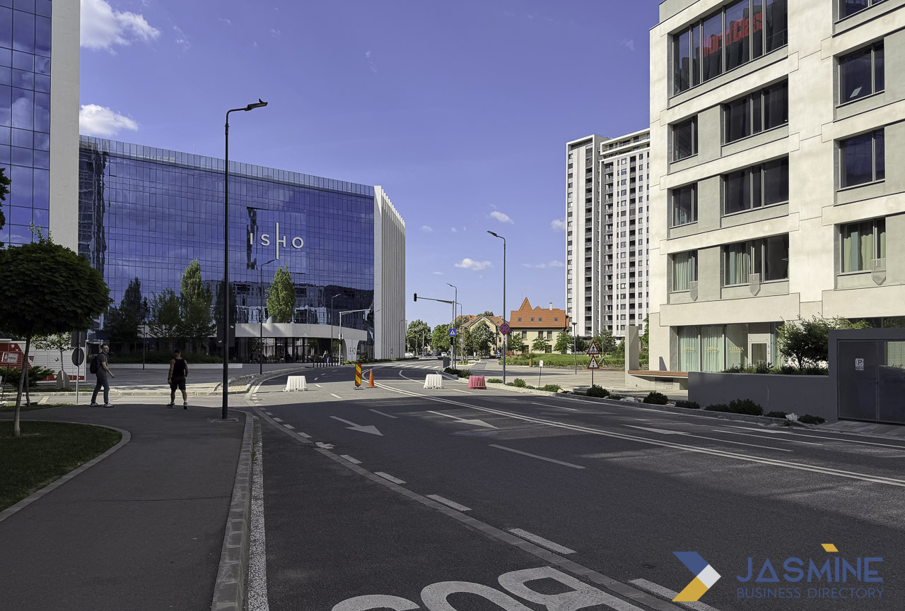 A modern urban street intersection in Timișoara with contemporary buildings and pedestrian crossings, illustrating the street-level geographic precision essential for local SEO directory targeting.