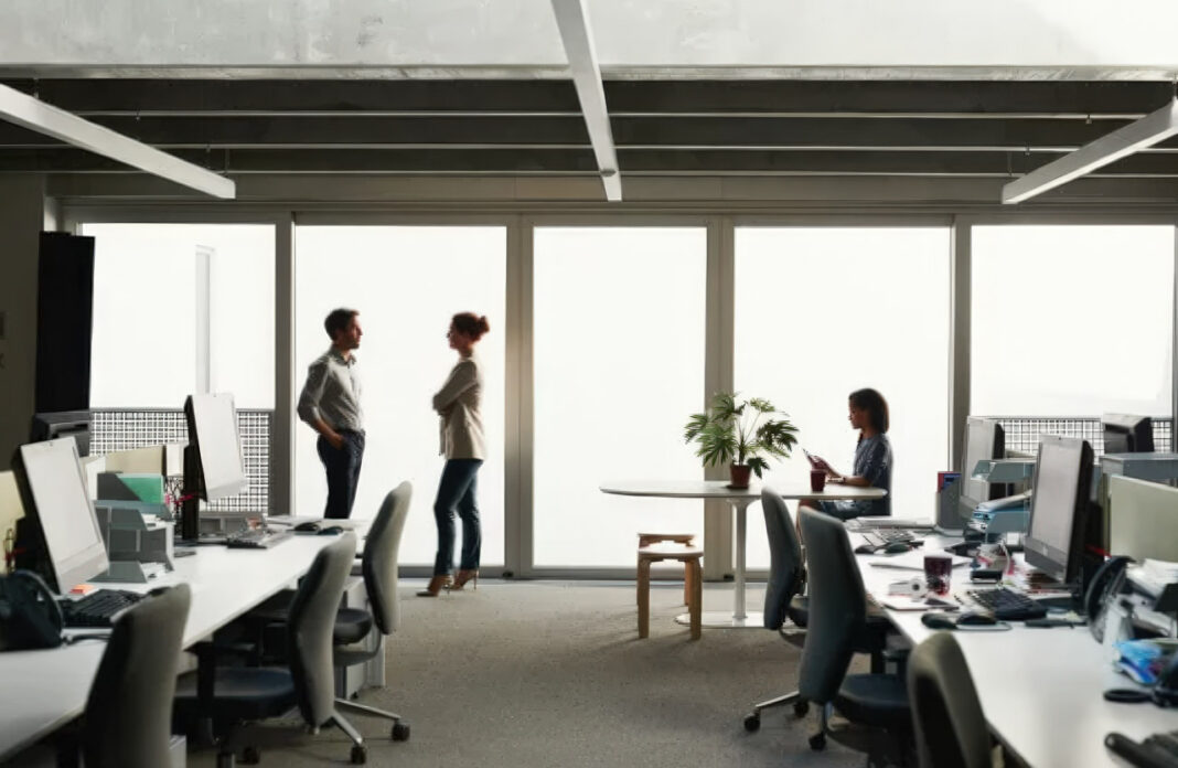 Professional workspace environment reflects the credibility small businesses build through established presence Modern open-plan office with professionals at workstations and in conversation near large windows, representing the professional credibility that small businesses establish through trusted presence.