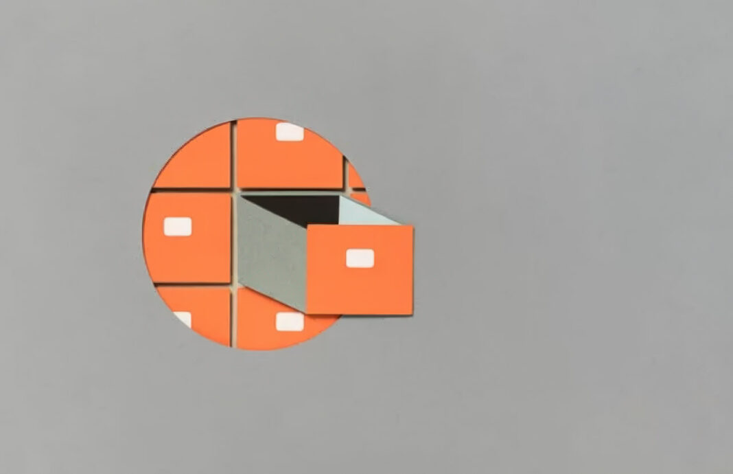 Modular filing system illustration representing business directory organization and data structure Orange circular storage cabinet illustration with multiple labeled compartments and one drawer pulled open, representing organized business directory data and systematic information management.