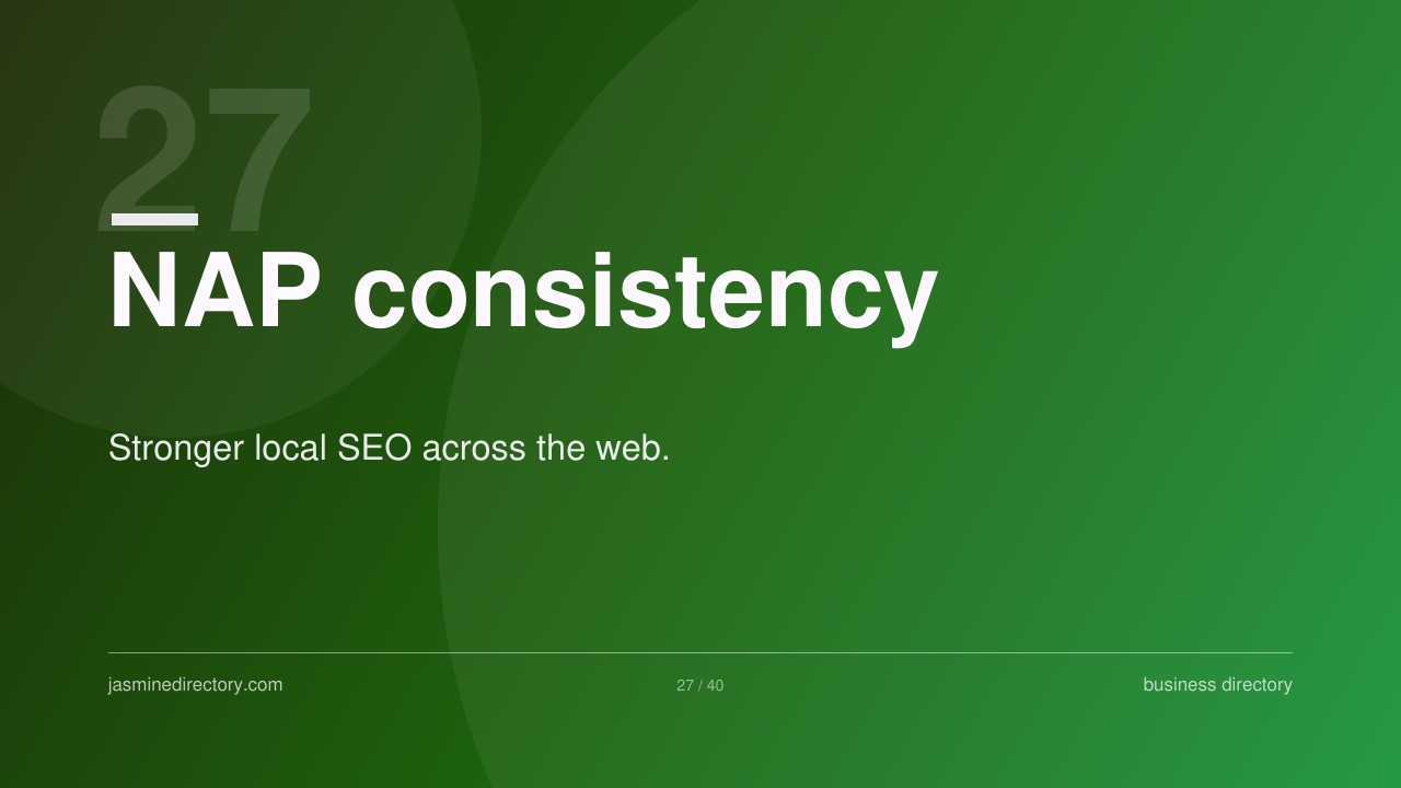 Presentation slide with green gradient background showing 'NAP consistency' heading and 'Stronger local SEO across the web' subtitle, illustrating business listing accuracy principles for Jasmine Directory.