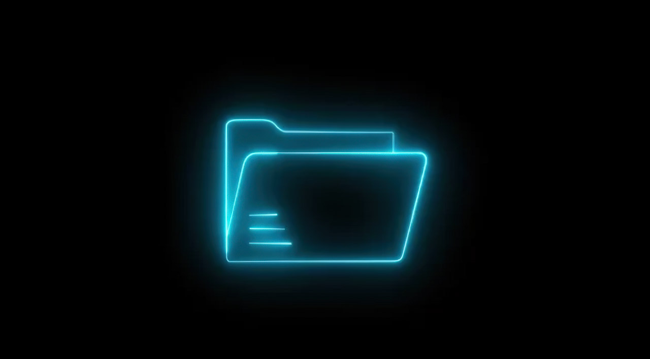 A glowing cyan folder icon in neon outline style against black background, representing digital organization for multiple business directory presence.