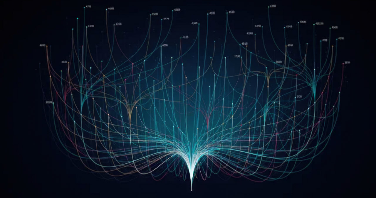 Network flow visualization with glowing curved lines radiating from a central point to vertical poles, illustrating how business data spreads between directory platforms.