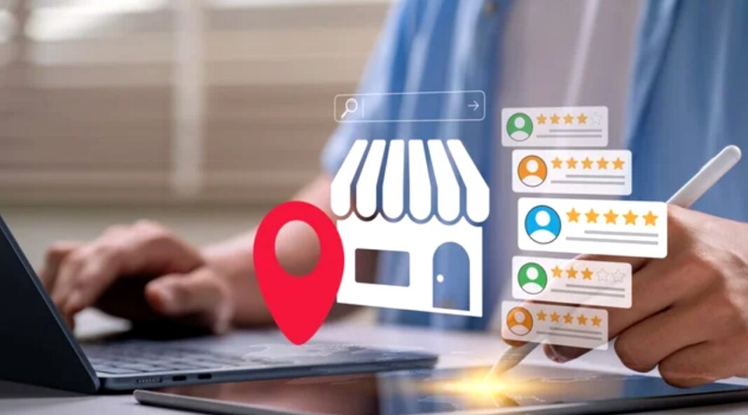 Digital platform interface illustrating directory and review system for local business discovery Person working on laptop and tablet with stylus, surrounded by digital graphics showing storefront icon, location pin, search bar, and customer review cards with star ratings, illustrating directory software platforms.