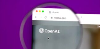 Magnifying glass enlarging the OpenAI homepage in a browser window, symbolizing the detailed examination needed for optimizing images for multimodal AI discovery.