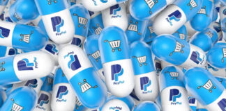 Adaptiv Payments Review: A Closer Look at Payment Processing for High-Risk Businesses Blue and white capsules bearing PayPal logos and shopping cart icons represent trust badge elements used to boost checkout confidence in e-commerce.