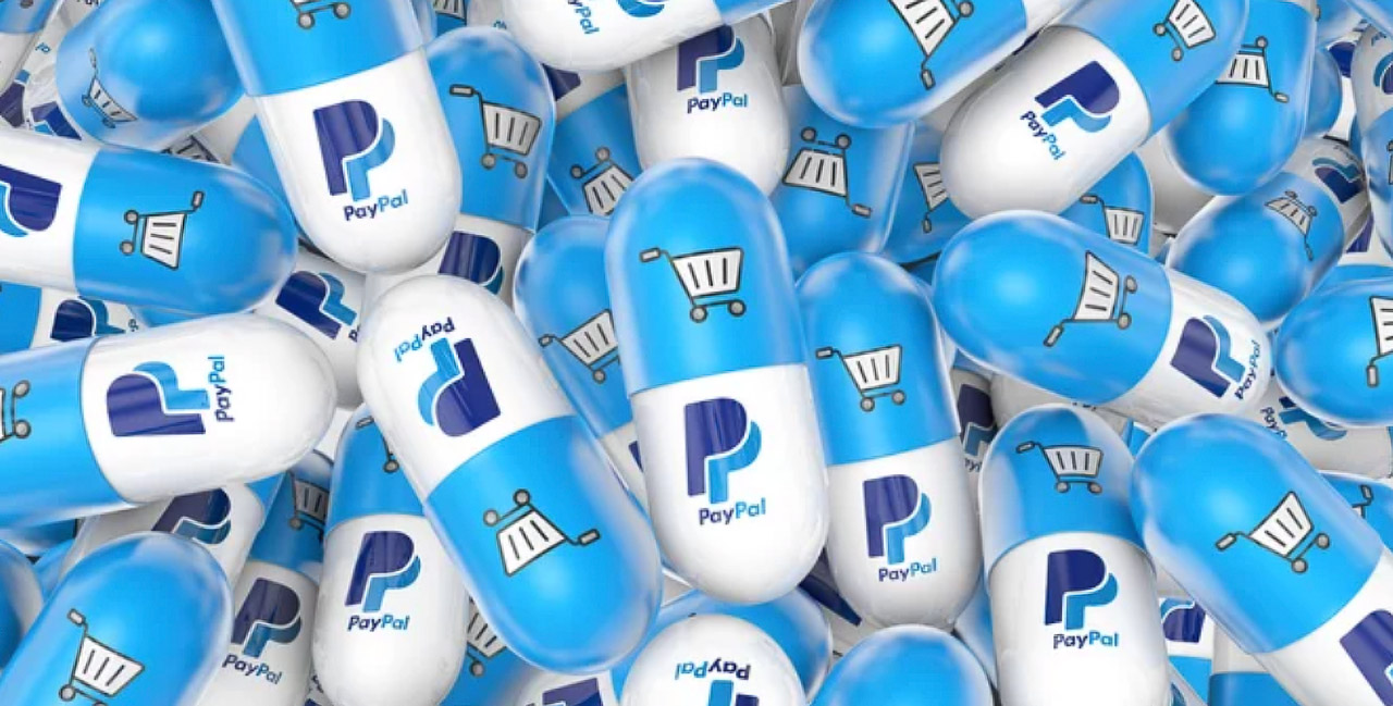 Blue and white capsules bearing PayPal logos and shopping cart icons represent trust badge elements used to boost checkout confidence in e-commerce.