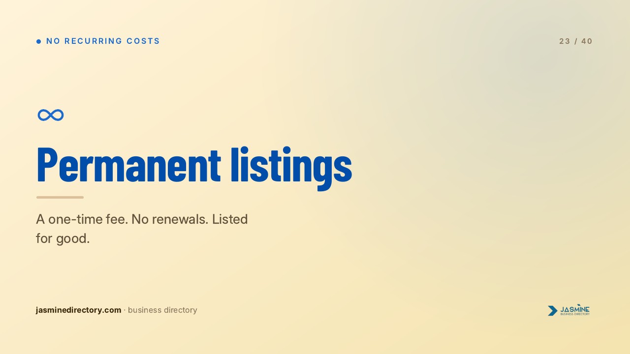 Presentation slide with beige background showing 'Permanent listings' heading and infinity symbol, illustrating one-time payment directory listing options discussed in pricing analysis.