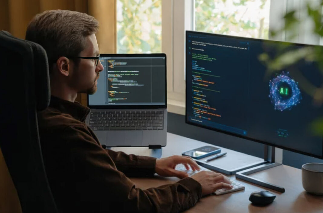 Dual monitor workstation setup illustrates modern blogging and AI-assisted content creation workflow Person at white desk uses dual monitors showing code and AI graphics, representing the modern workflow of AI-assisted blog writing and content creation.