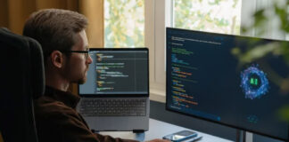 Can AI write my blog posts? Person at white desk uses dual monitors showing code and AI graphics, representing the modern workflow of AI-assisted blog writing and content creation.