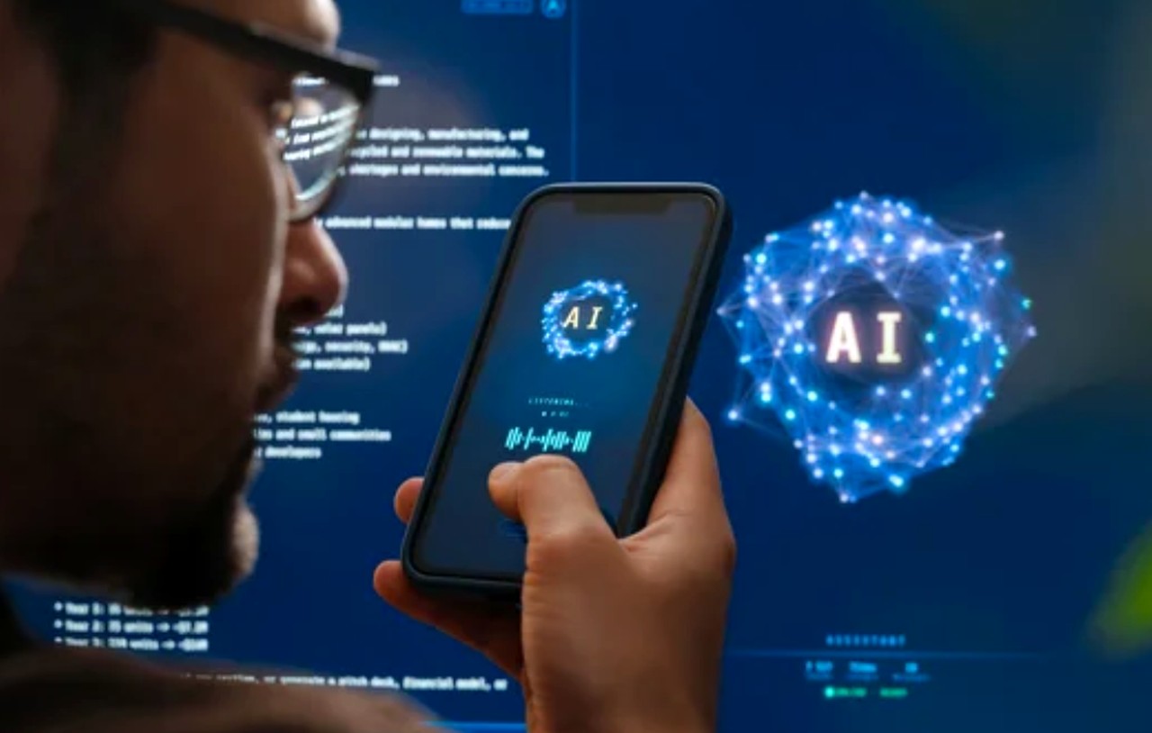 Person wearing glasses interacts with an AI application on their smartphone, with a glowing blue network visualization in the background, illustrating algorithmic shopping technology.