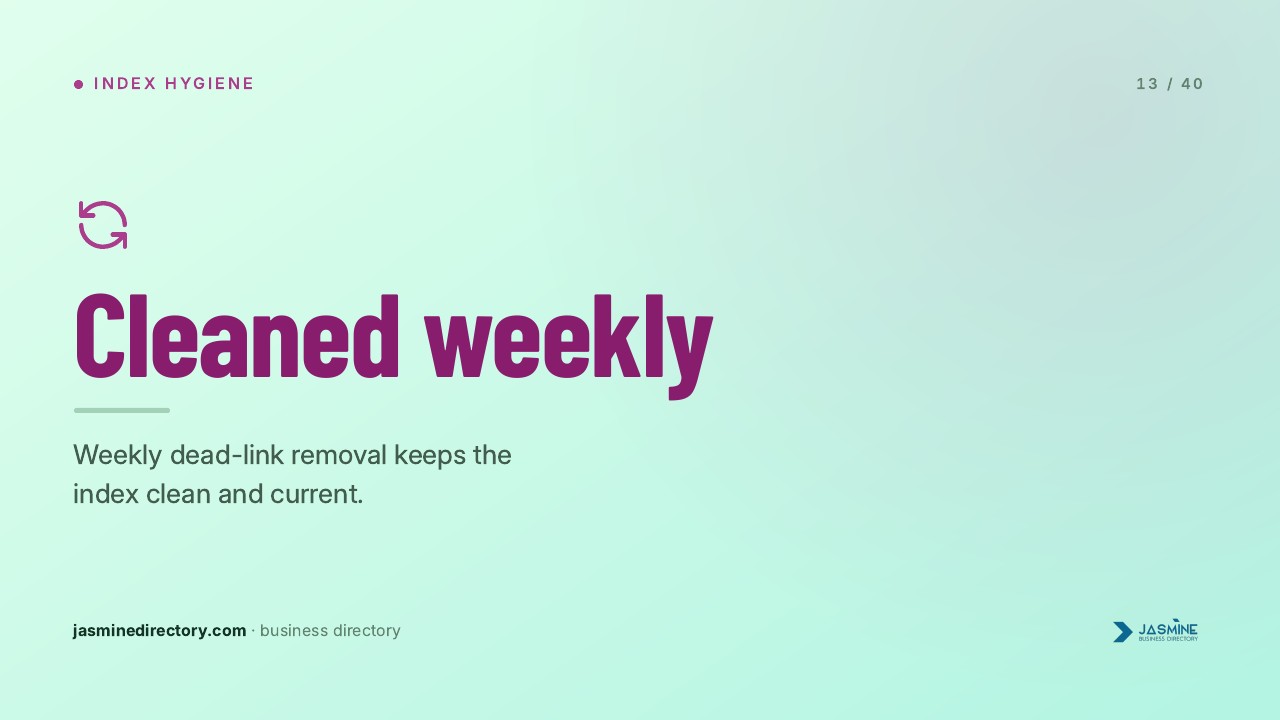 Presentation slide with mint green background showing 'Cleaned weekly' heading and circular refresh icon, illustrating regular maintenance processes for removing broken directory links.