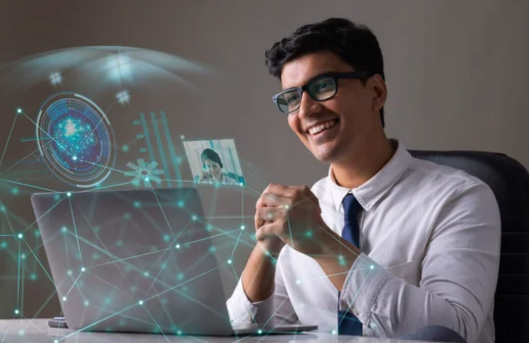 Digital professional visualizes network connections for backlink strategy development Professional in white shirt and tie sits at desk with holographic network interface projections, illustrating digital connection strategies for building website backlinks.
