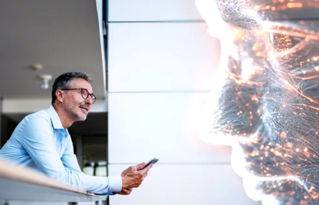 Professional examines network visualization representing cross-channel attribution tracking systems Man with smartphone views illuminated network visualization display showing interconnected nodes, illustrating cross-channel attribution tracking infrastructure in modern marketing technology.