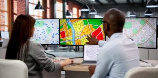 Two professionals examine multiple computer monitors displaying various geographic maps and zoning data, illustrating the analytical approach to local versus global business directory strategy.
