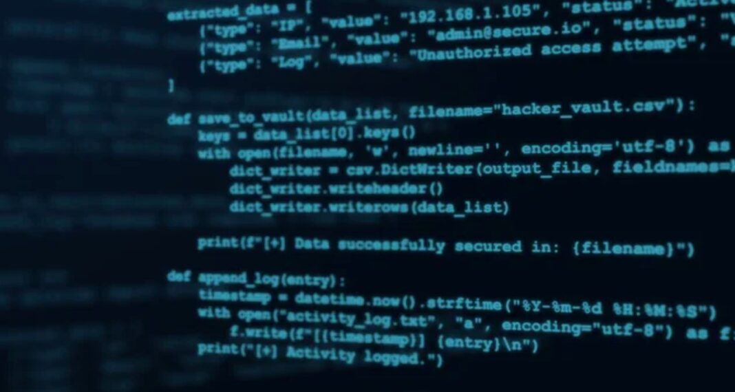 Python code on screen demonstrates programming techniques for automating technical SEO audits Computer screen displaying Python programming code with function definitions for data logging and CSV file operations, illustrating automation techniques used in technical SEO audits.