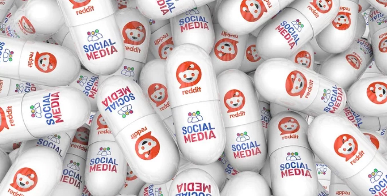 White capsules printed with Reddit's orange Snoo logo and social media text arranged like pharmaceutical pills, illustrating platform advertising strategies for comparison.