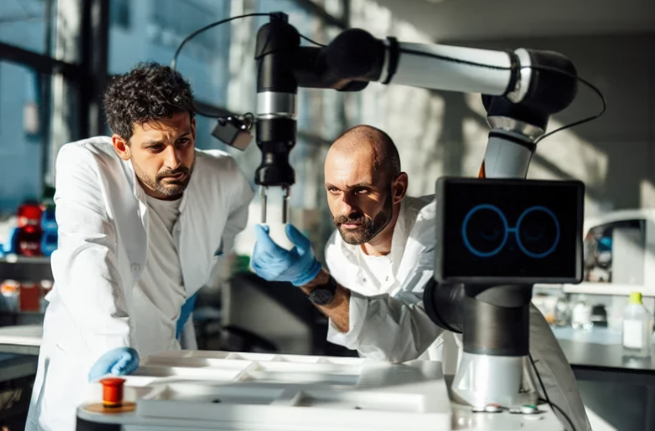 Two researchers in lab coats examine a collaborative robotic arm in a laboratory, illustrating the evaluation phase of adopting niche technologies into business workflows.
