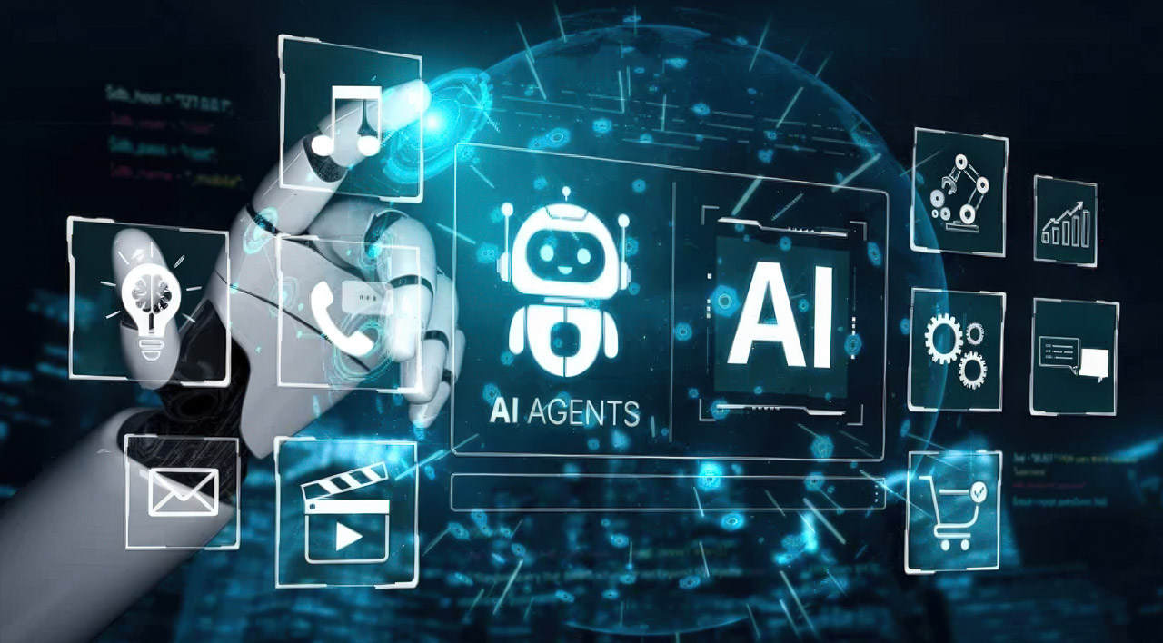 White robot hand interacting with holographic screens displaying AI icons and symbols, illustrating artificial intelligence technology used in automated customer service.