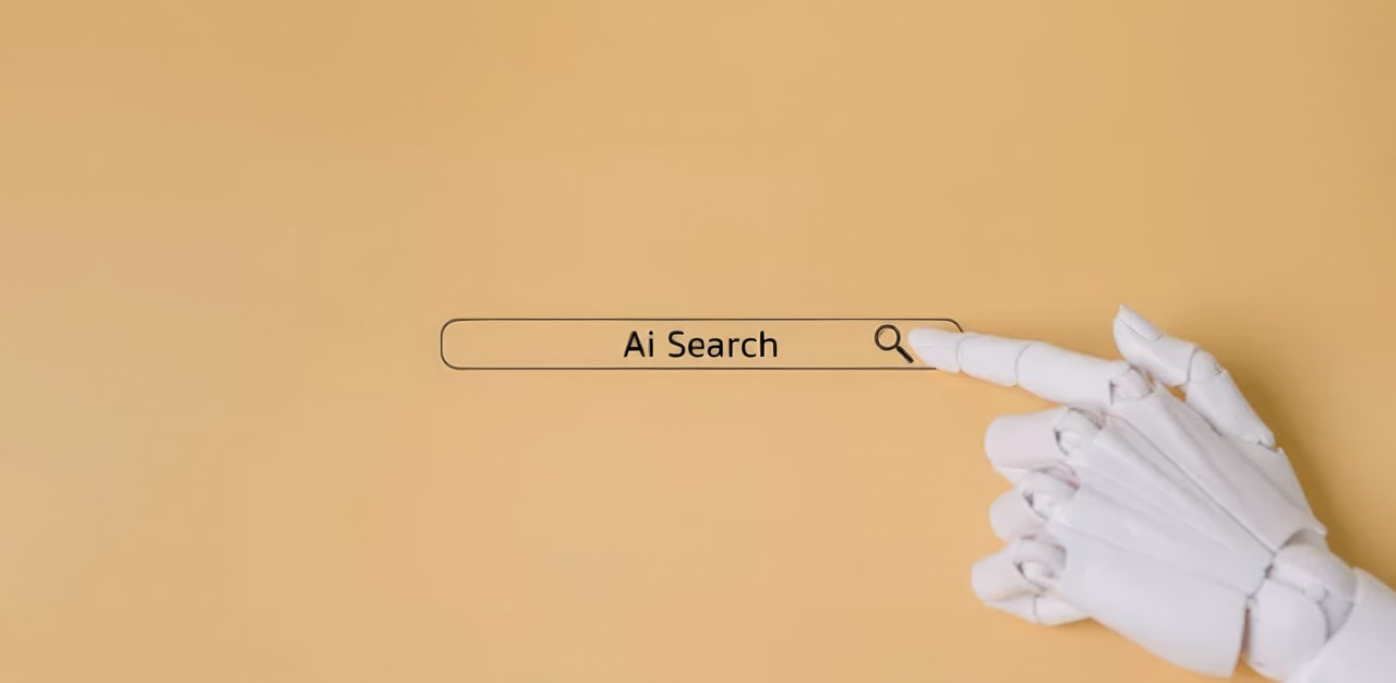 White robotic hand positioned next to a digital search bar labeled 'AI Search' with magnifying glass icon, representing the rise of artificial intelligence in search engine optimization.