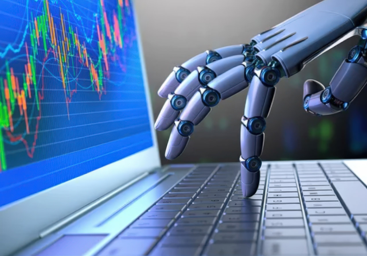 A robotic hand with mechanical joints hovers over a laptop keyboard displaying financial charts, symbolizing AI-driven keyword research and automated data analysis.
