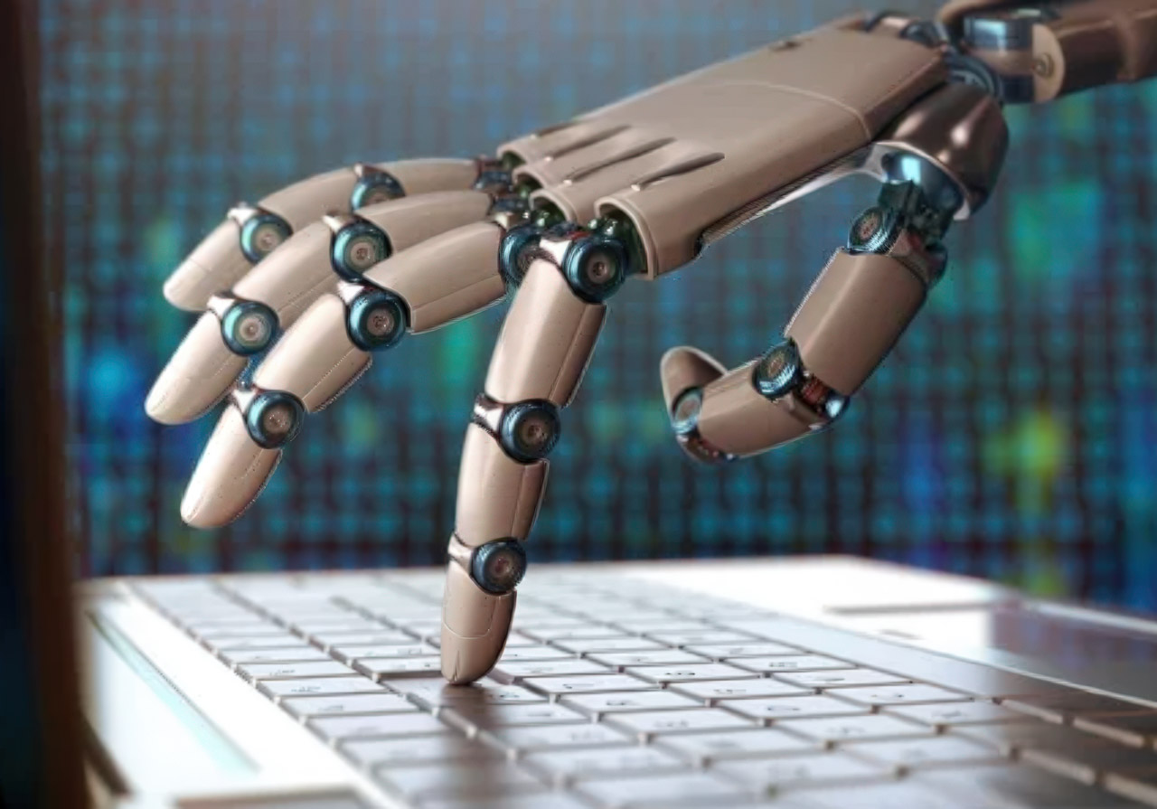 A robotic hand with metallic joints poised over a white keyboard as if typing, symbolizing AI-driven automation in SEO and digital marketing tasks.