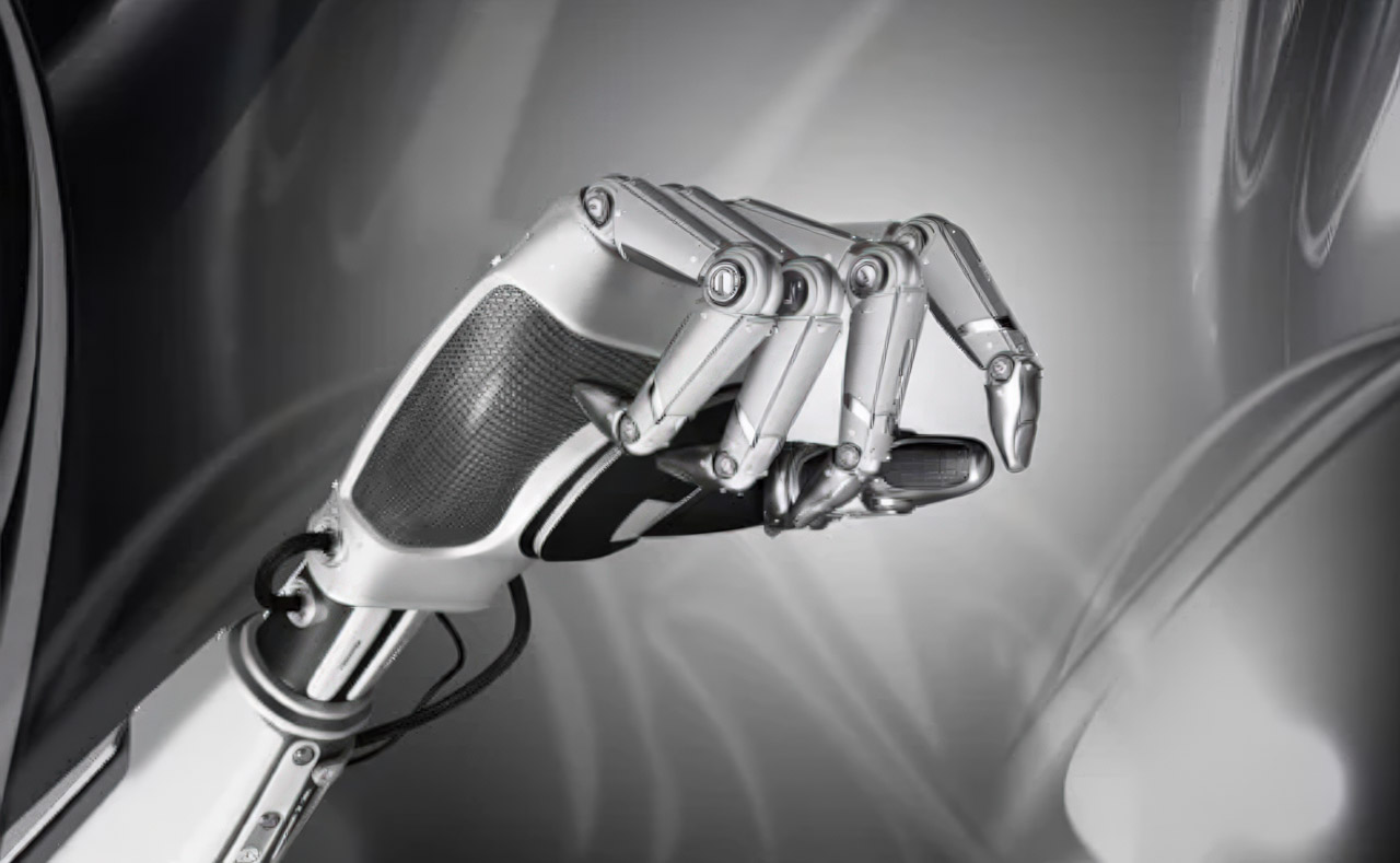 A robotic prosthetic hand with articulated mechanical fingers and chrome finish, symbolizing AI automation in scaling directory business operations from manual to intelligent systems.