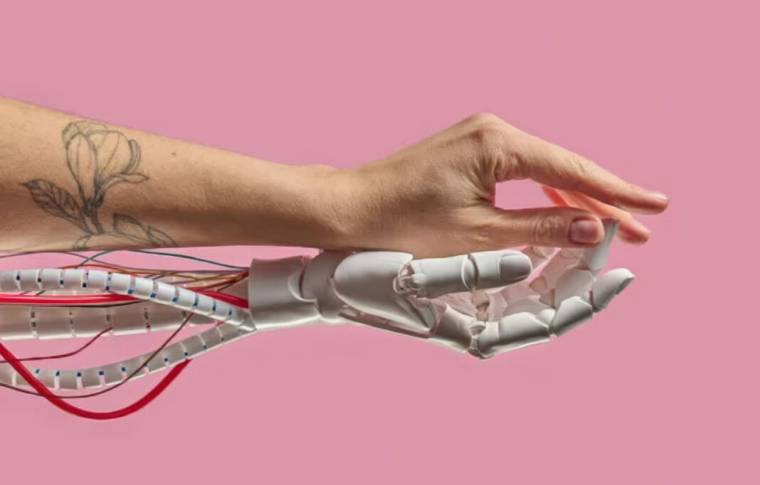 Human-machine fusion illustrates the balance between technology and human connection in modern workplaces A human arm with floral tattoo merges with a white robotic prosthetic hand, symbolizing the integration of human touch and AI in workplace collaboration.