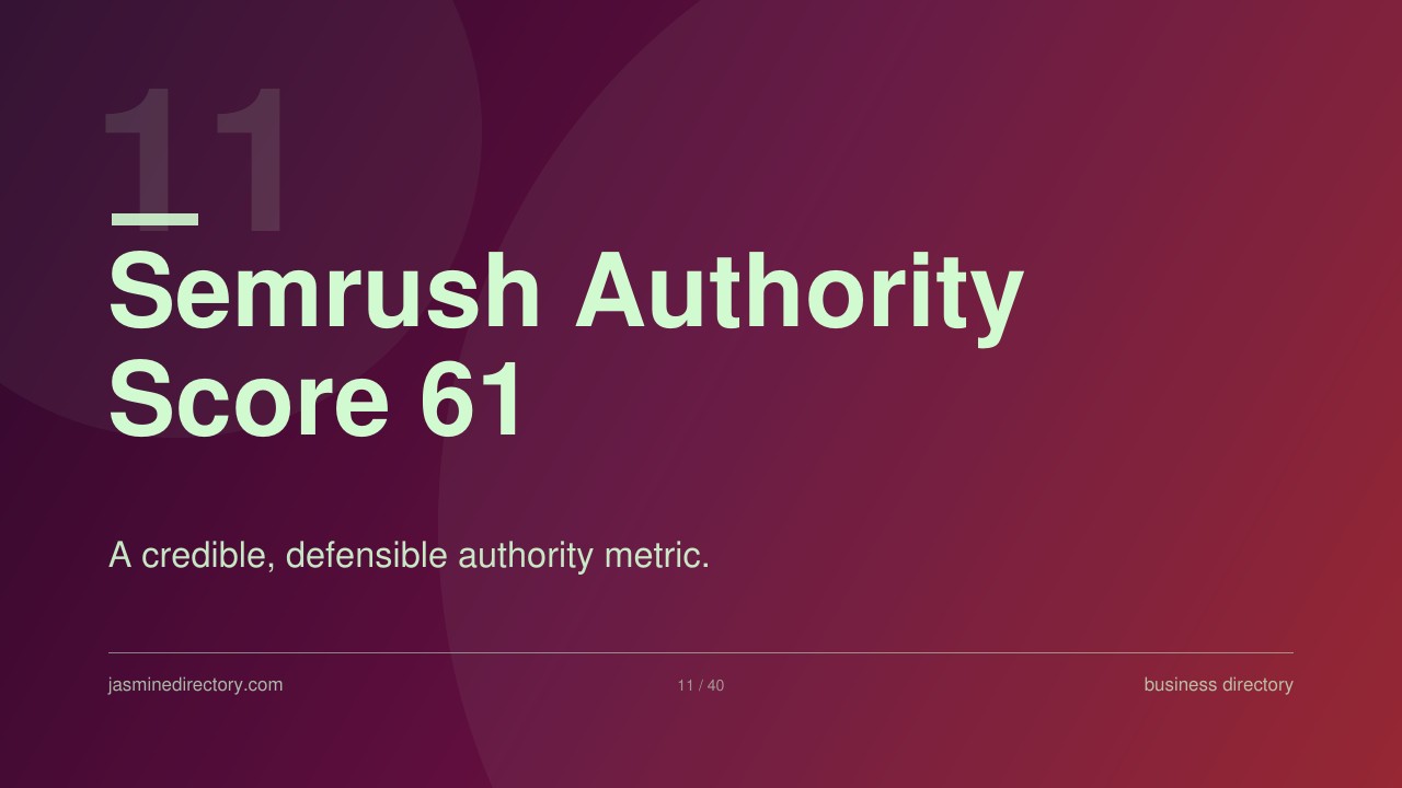 Presentation slide displaying Semrush Authority Score 61 with gradient background, demonstrating metrics used to evaluate business directory quality for SEO strategy.