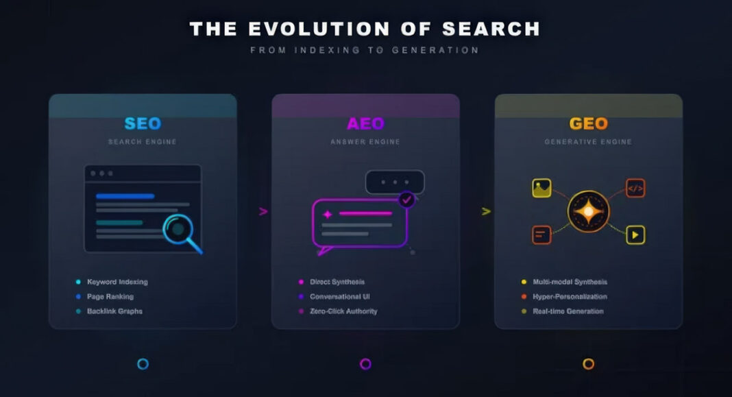 Infographic charts the evolution from traditional SEO to answer engines and generative AI optimization strategies for directory data feeds. Three-panel infographic on dark background showing progression from SEO to AEO to GEO with icons and connecting arrows, illustrating modern search optimization strategies for directory data feeds.